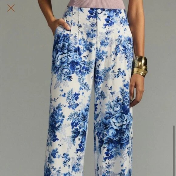 Maeve by Anthropologie White & Blue Floral Wide Leg Trousers, Size: 2 - Picture 4 of 5